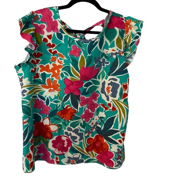 Women’s Boutique Green and Pink Short Flutter Sleeve Tie Neck Blouse Sz XL GUC - Picture 1 of 7